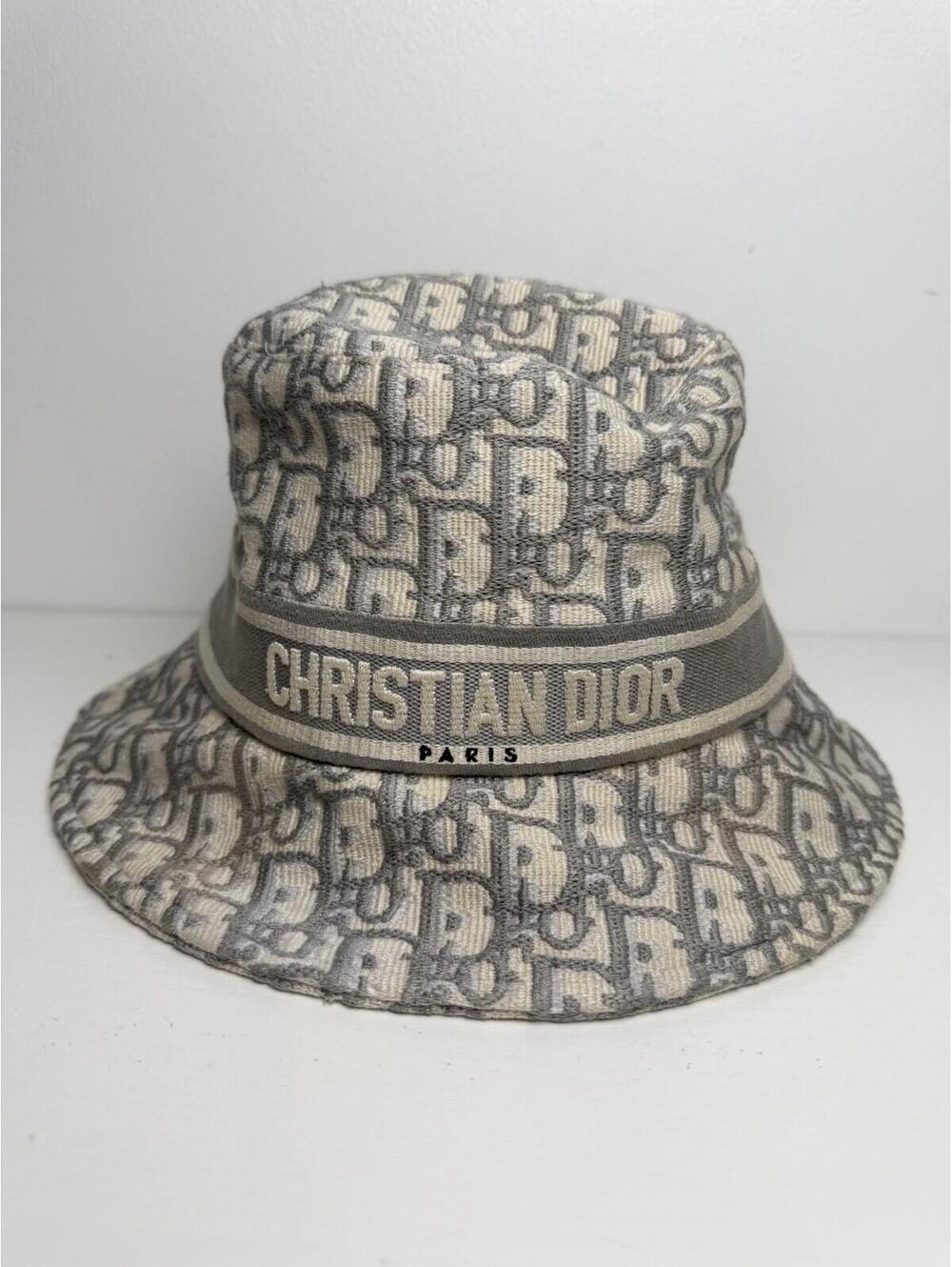 Christian Dior Oblique Bucket Hat Gray Beige Logo Women’s Size 57